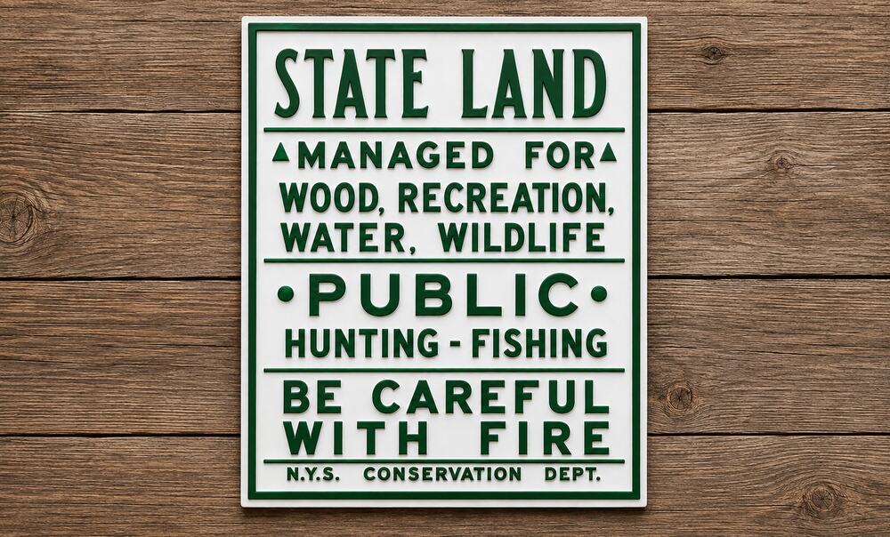 New York State Land Sign Wood Recreation Water Wildlife Public Hunting Fishing